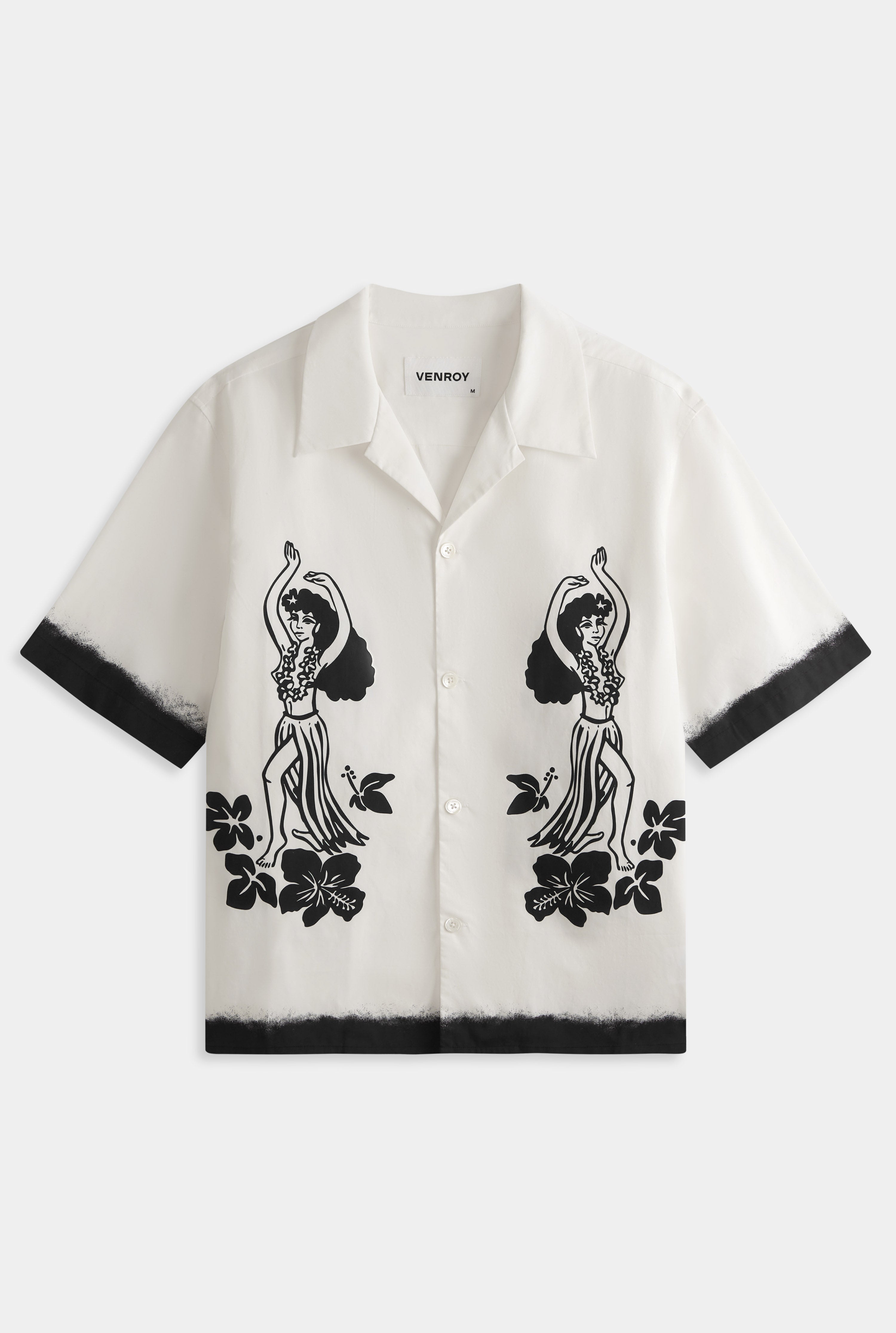 Cotton Boxy Camp Collar Shirt - Off White/Hula Girl Print