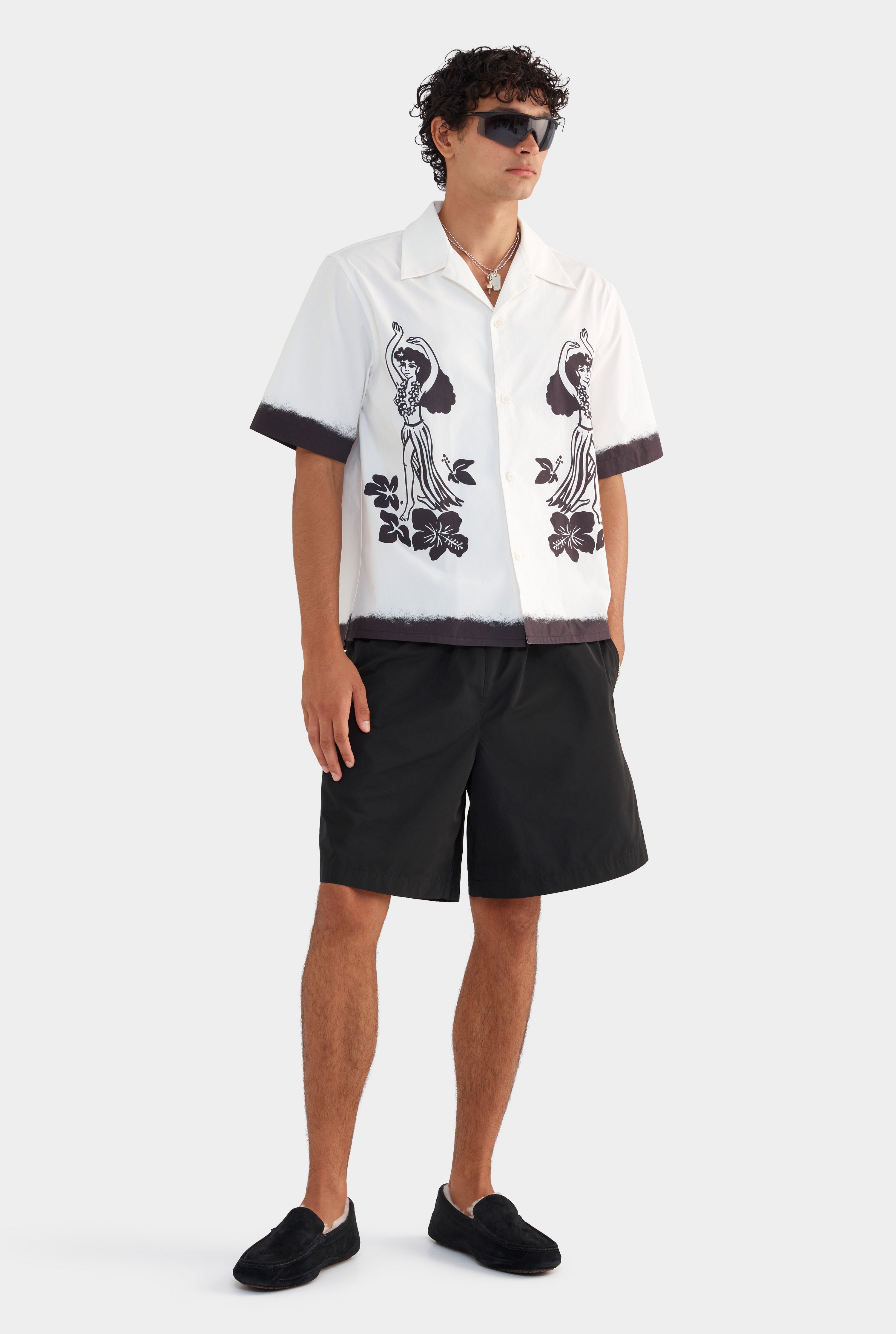 Cotton Boxy Camp Collar Shirt - Off White/Hula Girl Print