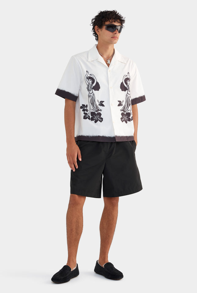 Cotton Boxy Camp Collar Shirt - Off White/Hula Girl Print