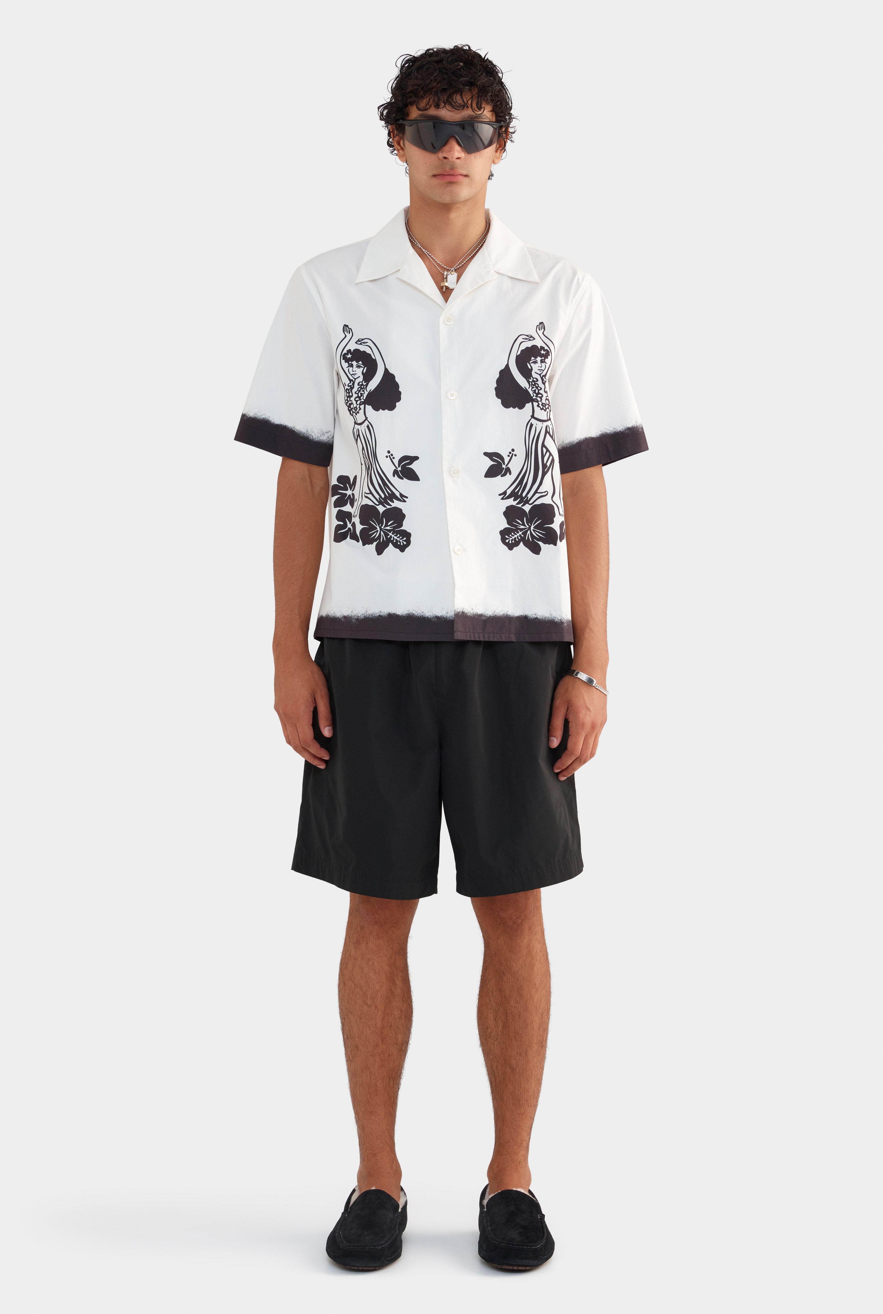Cotton Boxy Camp Collar Shirt - Off White/Hula Girl Print