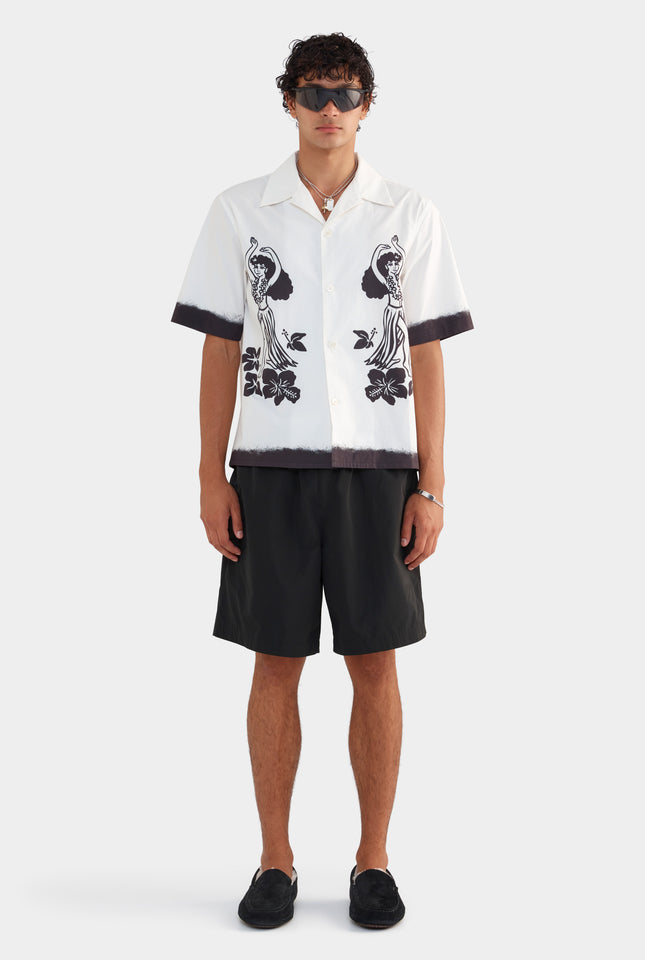Cotton Boxy Camp Collar Shirt - Off White/Hula Girl Print