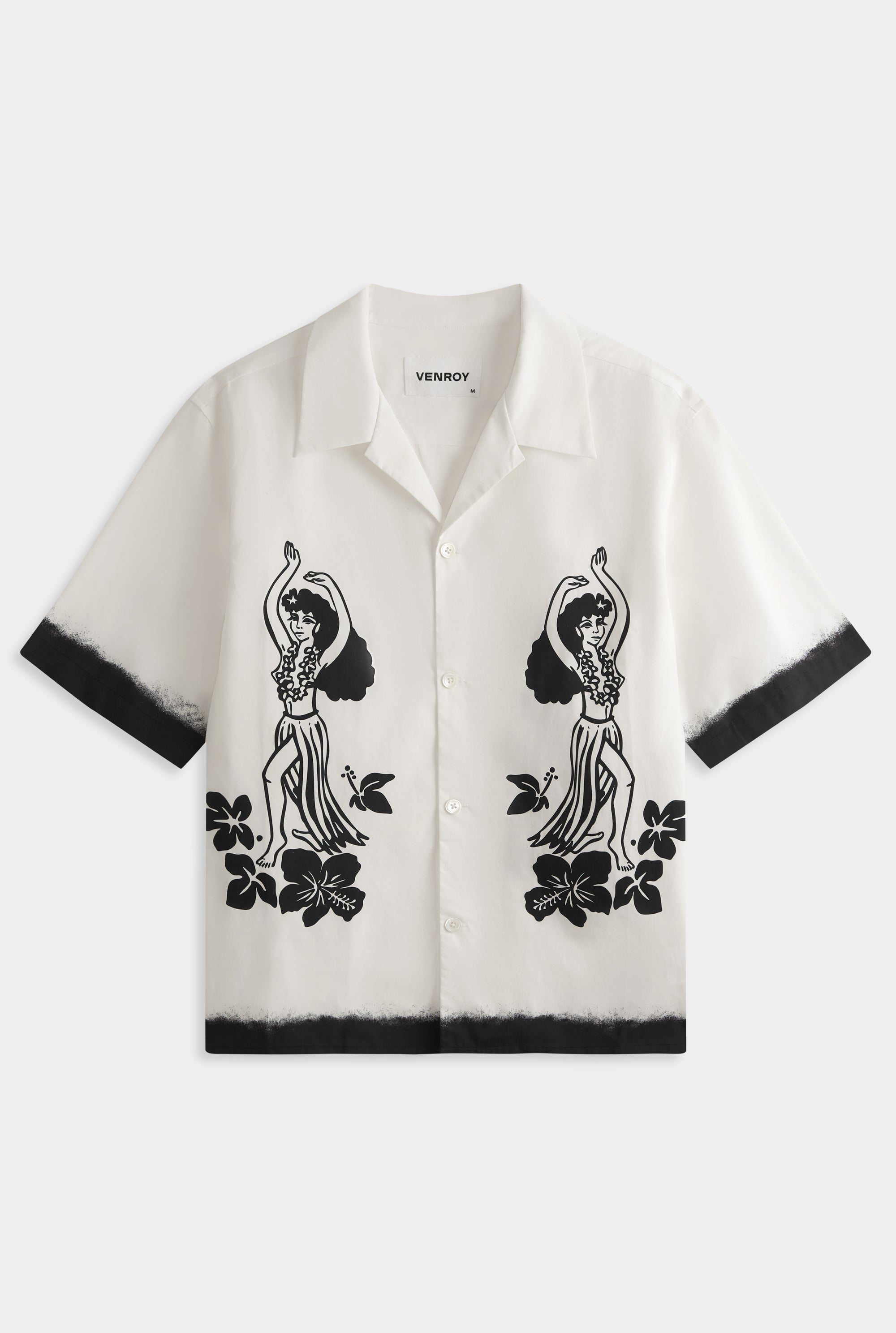 Cotton Boxy Camp Collar Shirt - Off White/Hula Girl Print