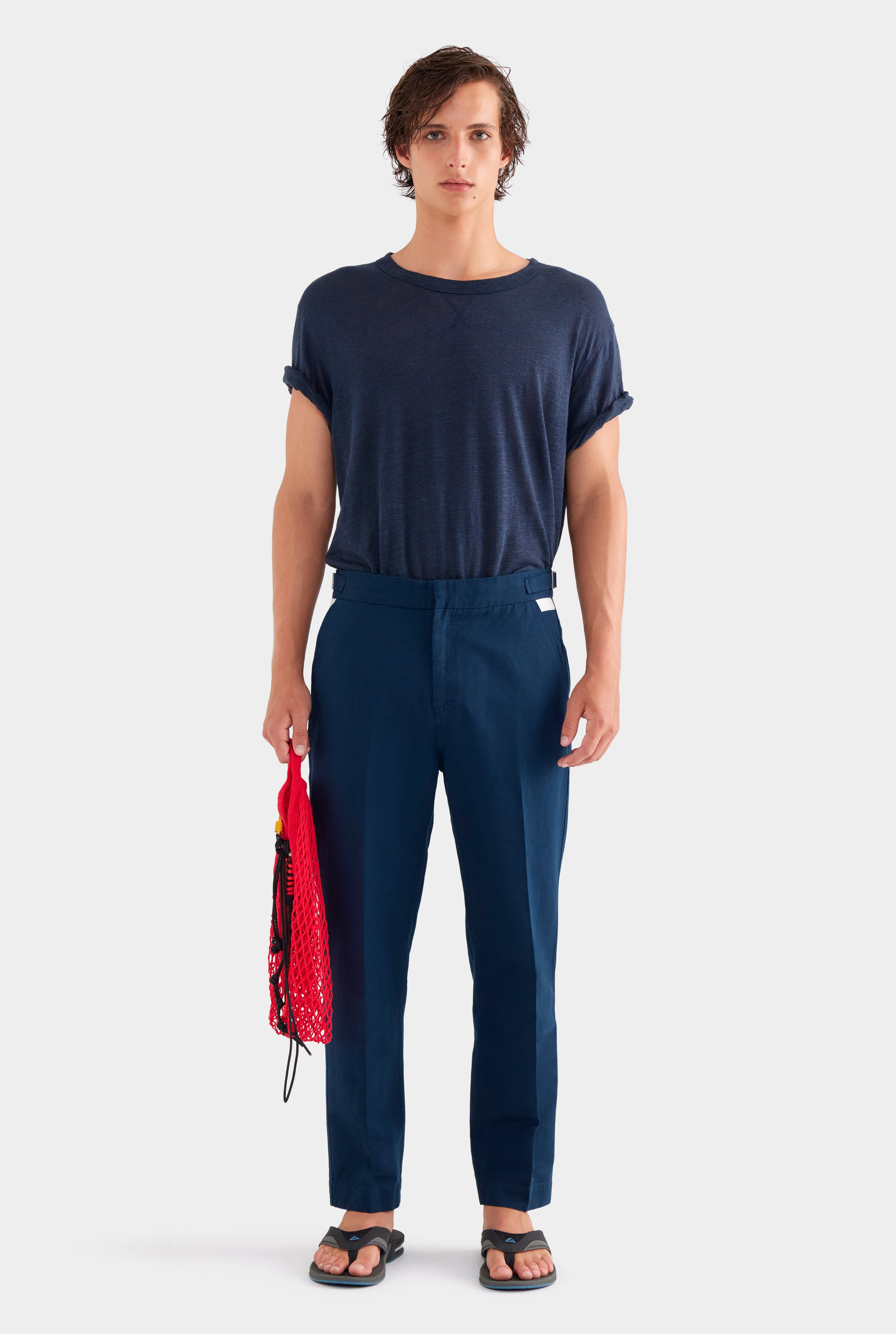 Cotton Linen Twill Side Tab Trouser -  Navy/Natural Tape