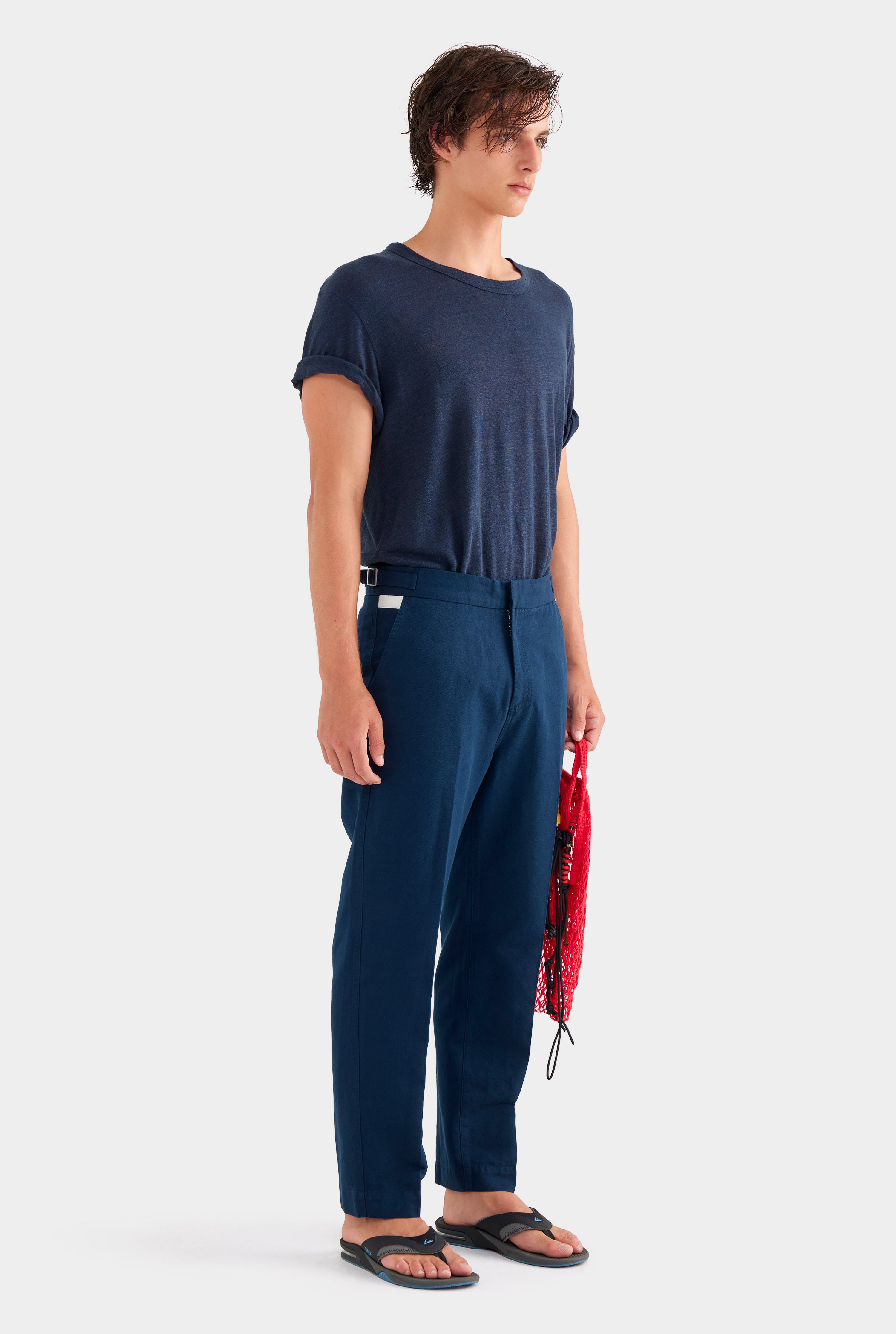 Cotton Linen Twill Side Tab Trouser -  Navy/Natural Tape