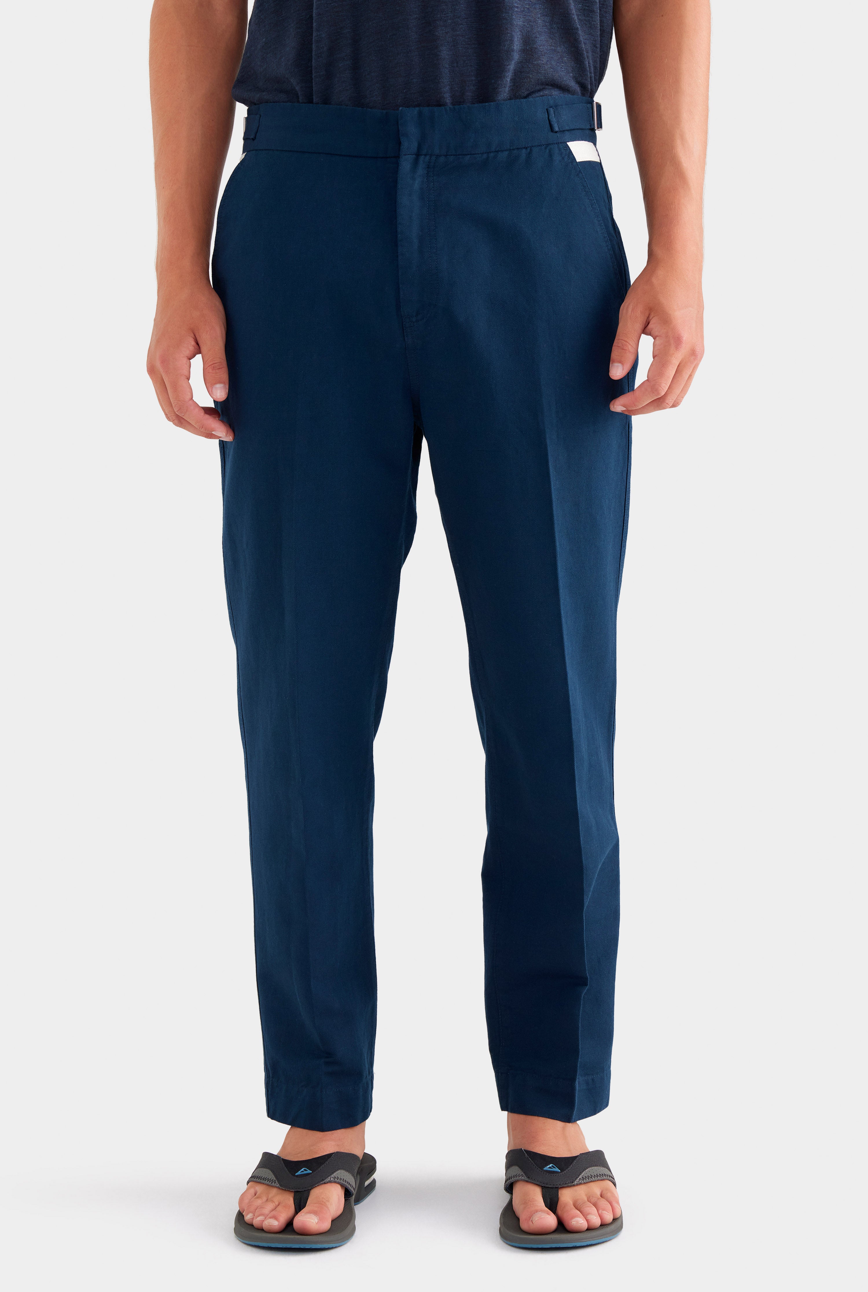 Cotton Linen Twill Side Tab Trouser -  Navy/Natural Tape