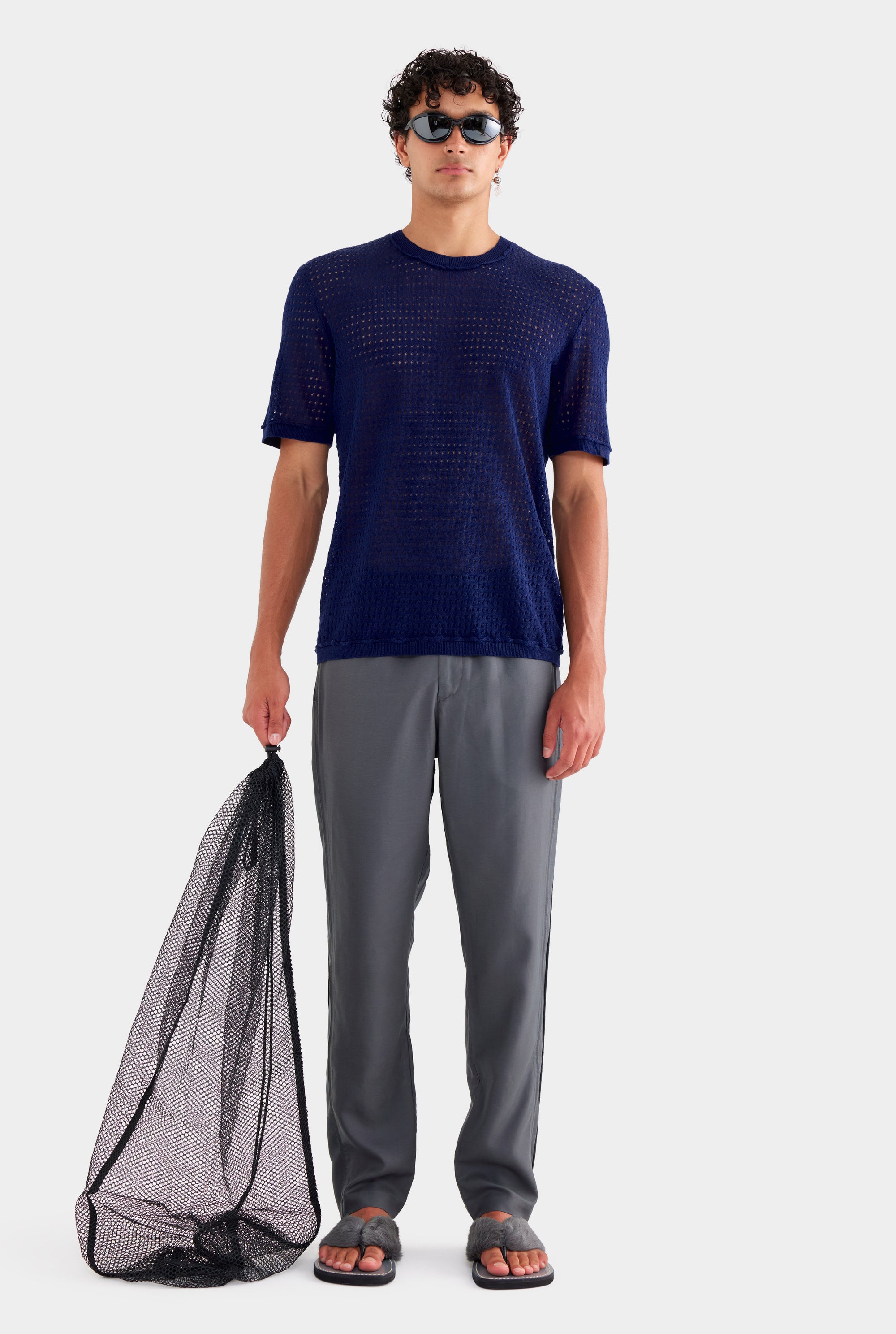Linen Raw Edge Detail Knit T Shirt - Navy