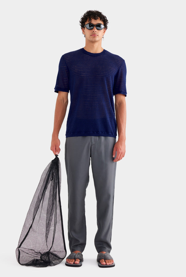 Linen Raw Edge Detail Knit T Shirt - Navy