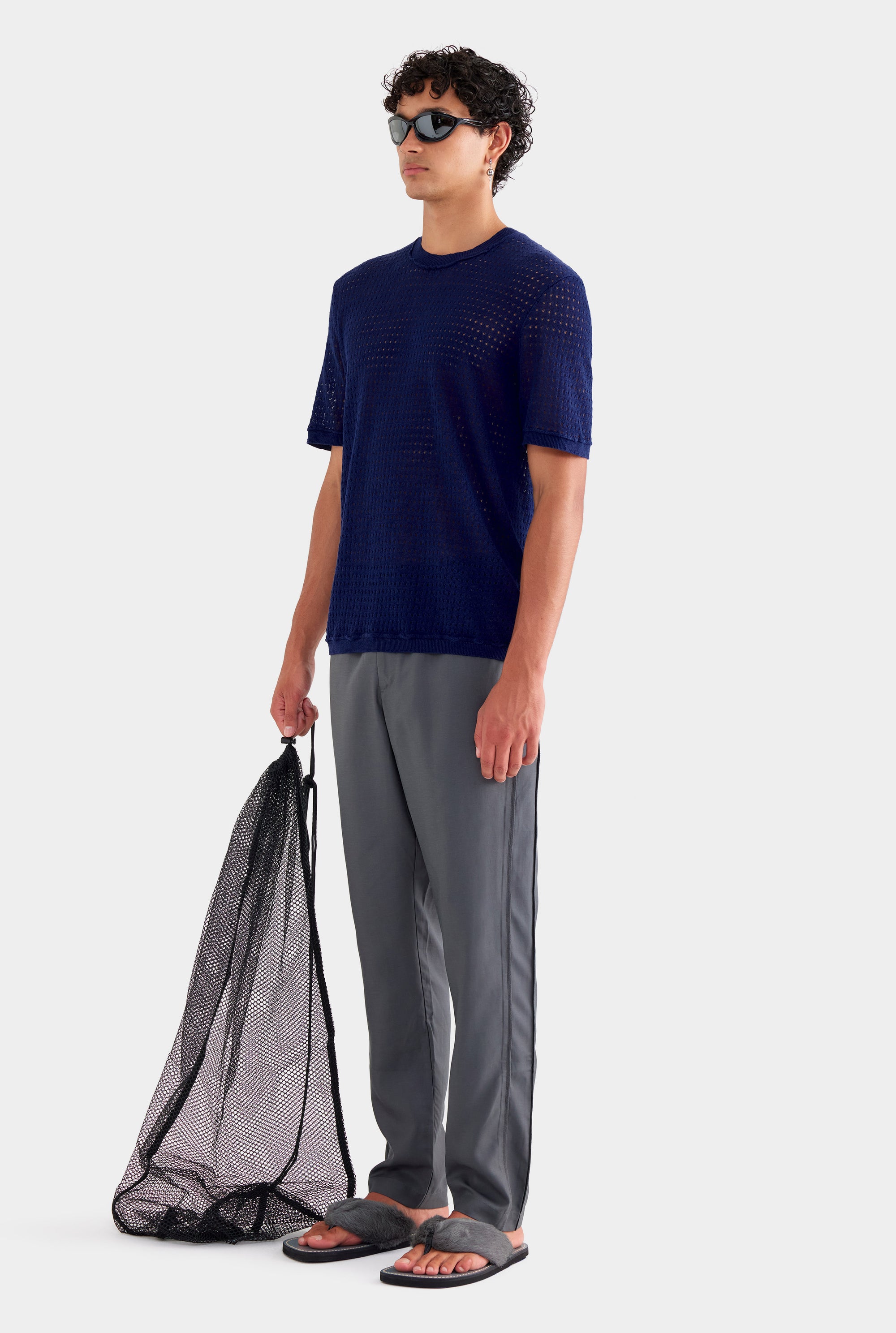 Linen Raw Edge Detail Knit T Shirt - Navy