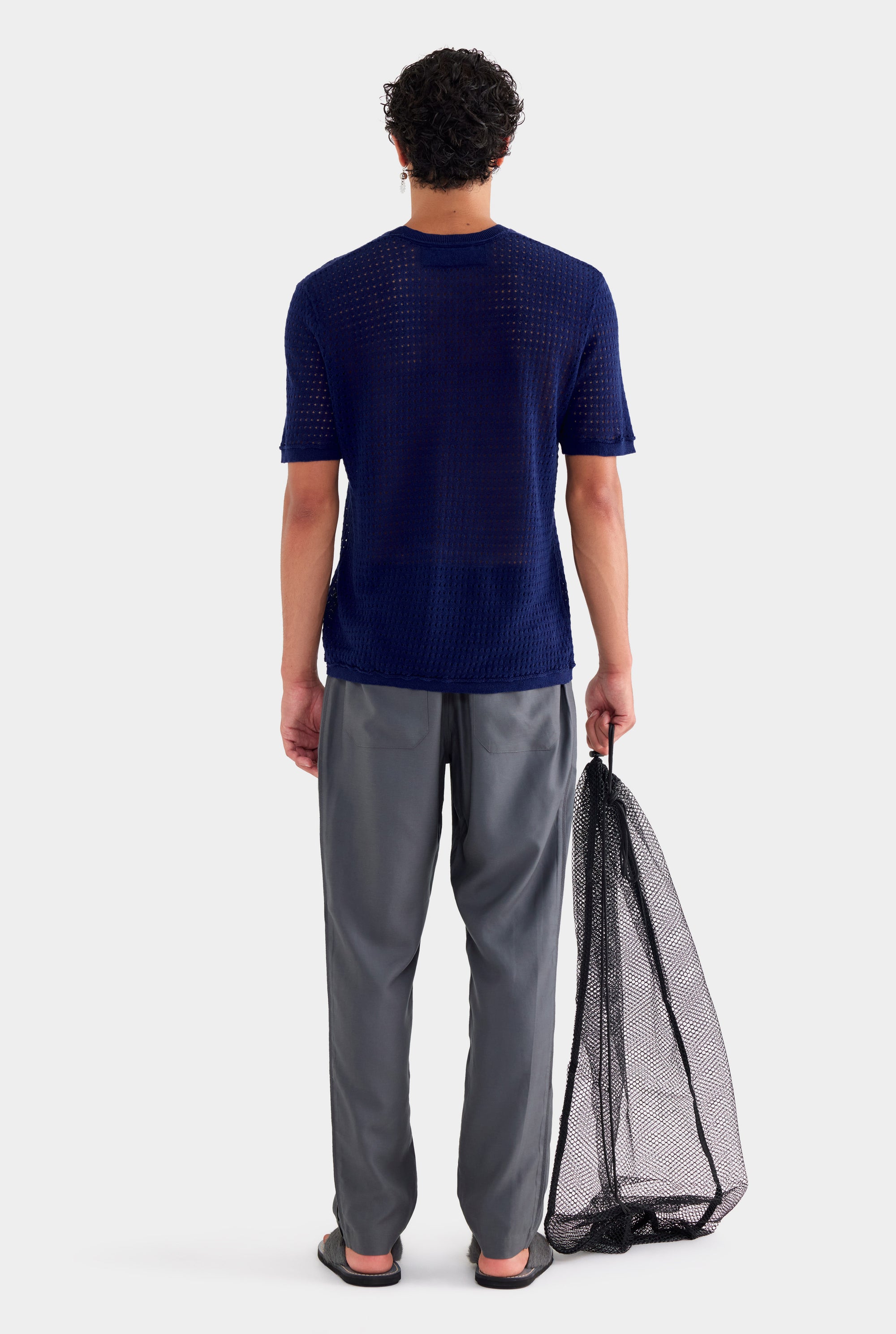 Linen Raw Edge Detail Knit T Shirt - Navy