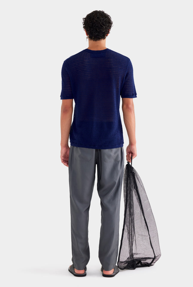 Linen Raw Edge Detail Knit T Shirt - Navy