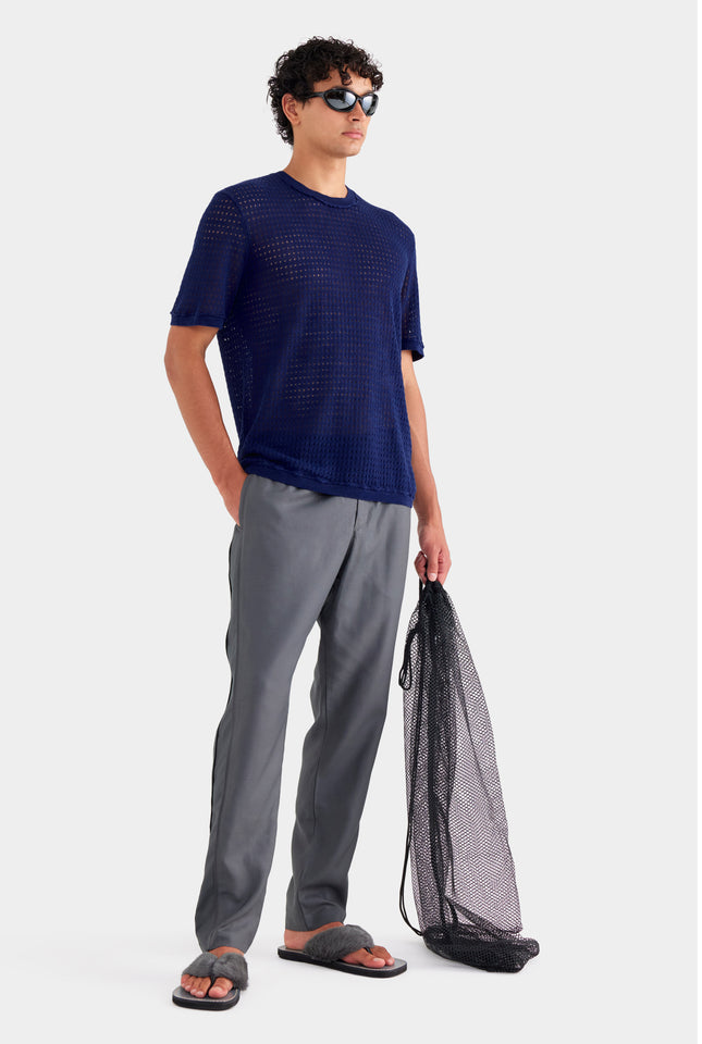 Linen Raw Edge Detail Knit T Shirt - Navy