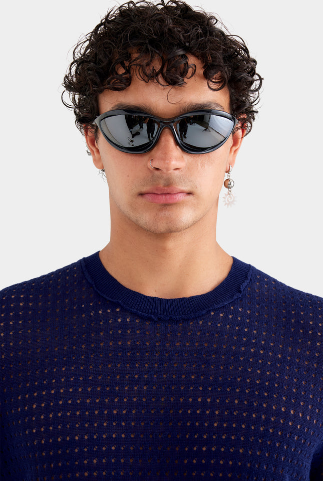 Linen Raw Edge Detail Knit T Shirt - Navy
