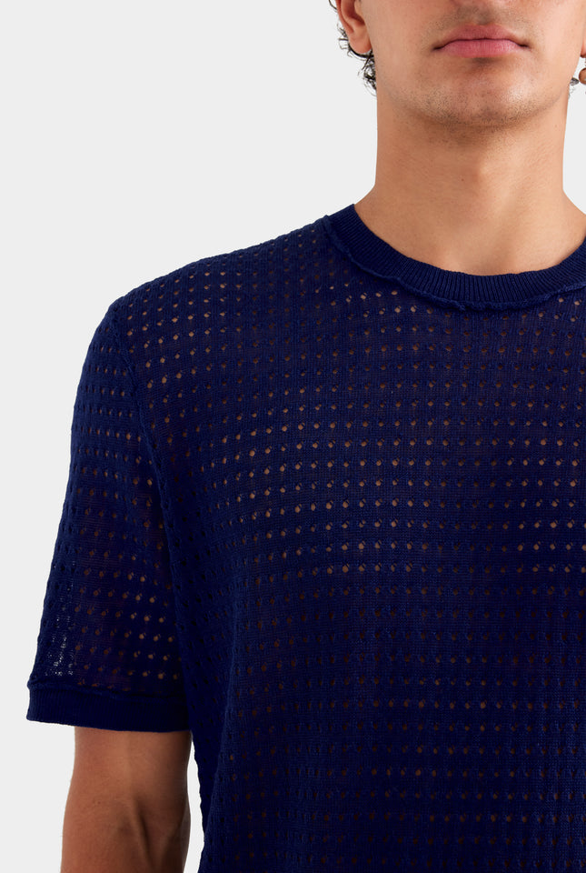 Linen Raw Edge Detail Knit T Shirt - Navy