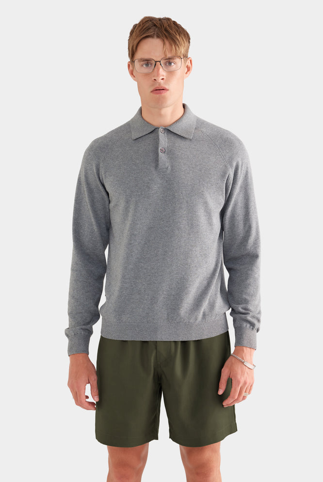 Long Sleeve Cotton Raglan Knit Polo - Navy