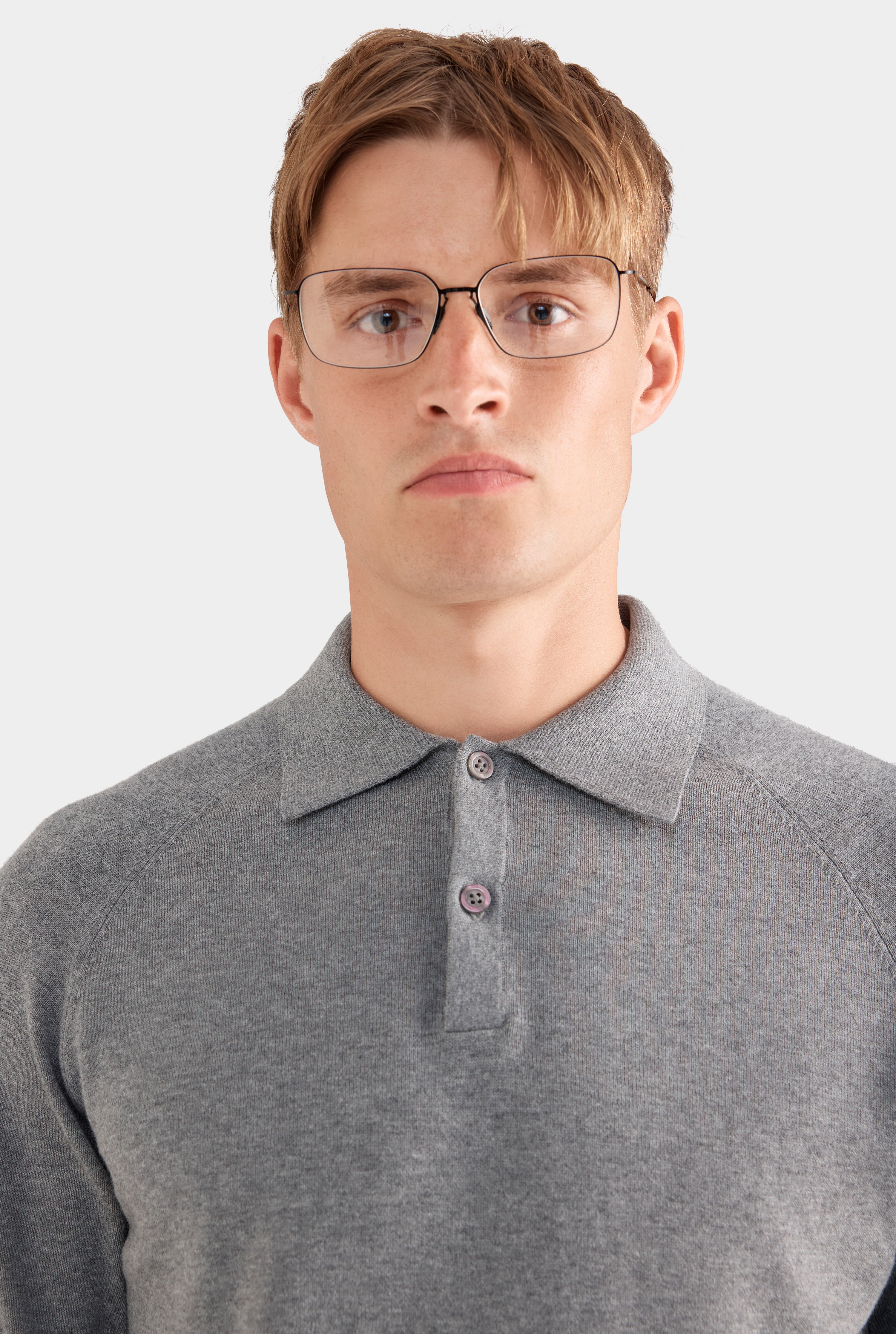 Long Sleeve Cotton Raglan Knit Polo - Dark Grey Marl
