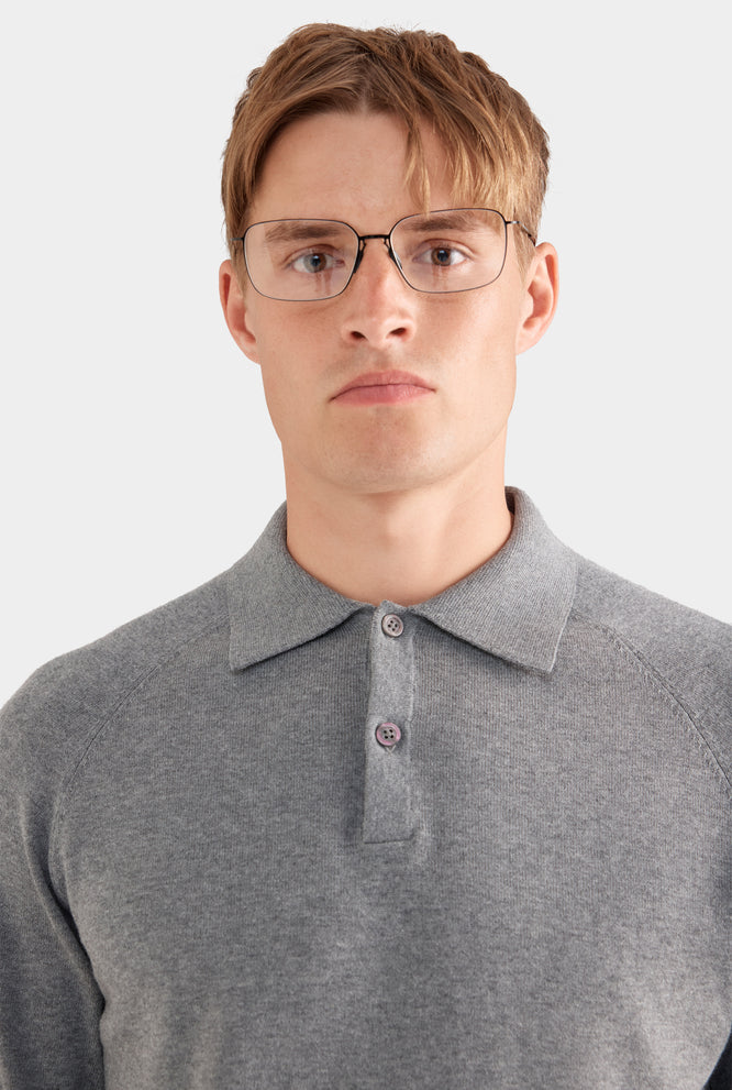 Long Sleeve Cotton Raglan Knit Polo - Dark Grey Marl
