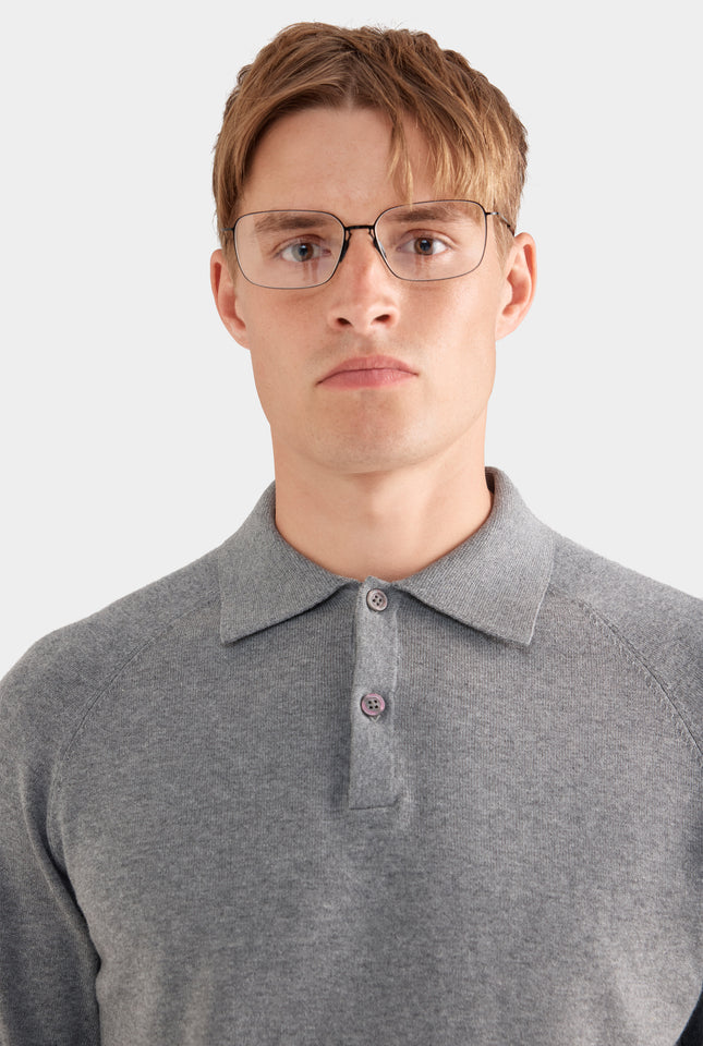 Long Sleeve Cotton Raglan Knit Polo - Dark Grey Marl