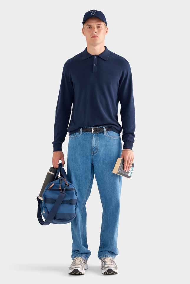 Long Sleeve Cotton Raglan Knit Polo - Navy