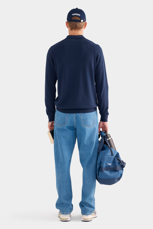 Long Sleeve Cotton Raglan Knit Polo - Navy