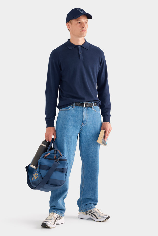 Long Sleeve Cotton Raglan Knit Polo - Navy