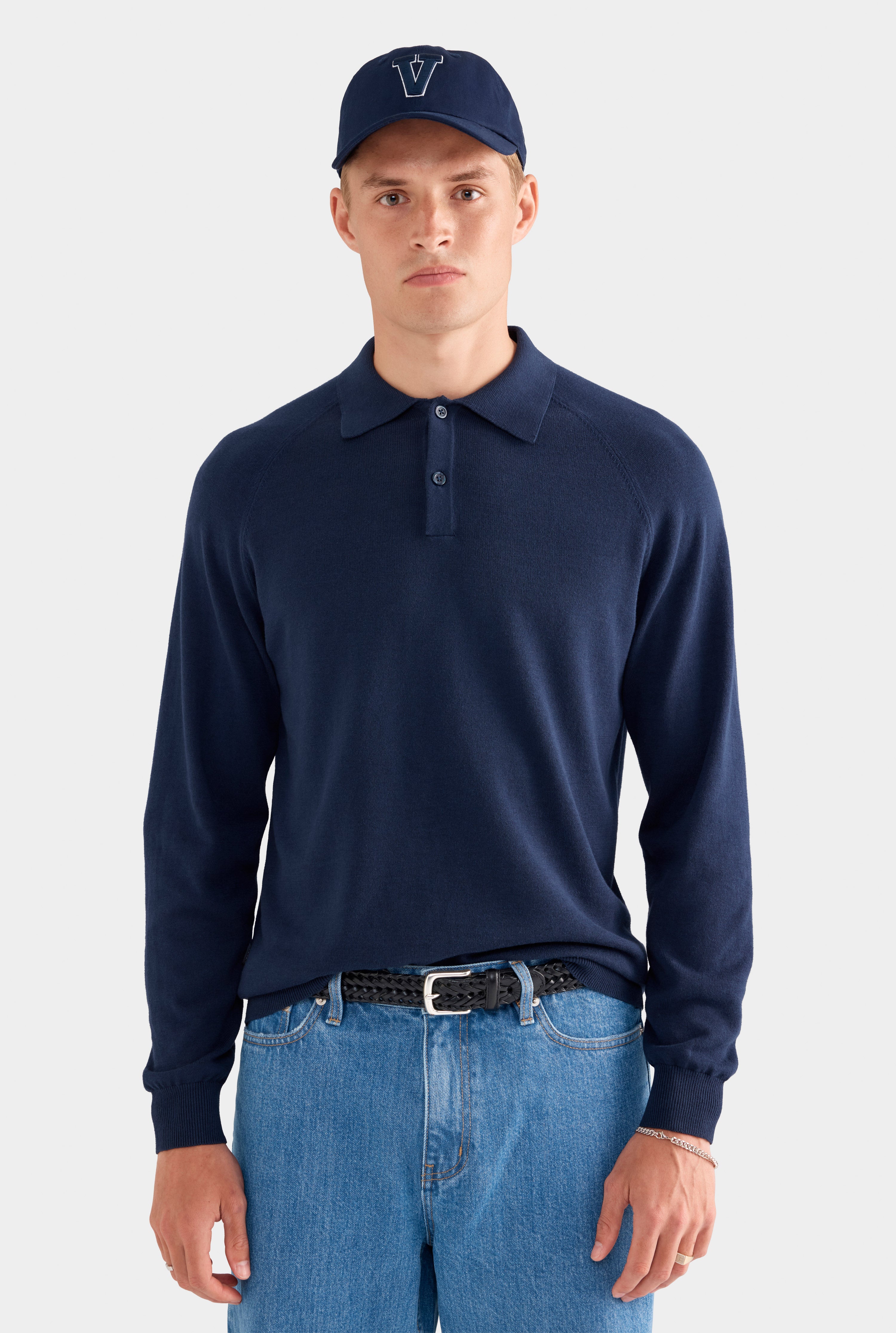 Long Sleeve Cotton Raglan Knit Polo - Navy