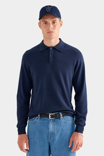 Long Sleeve Cotton Raglan Knit Polo - Navy