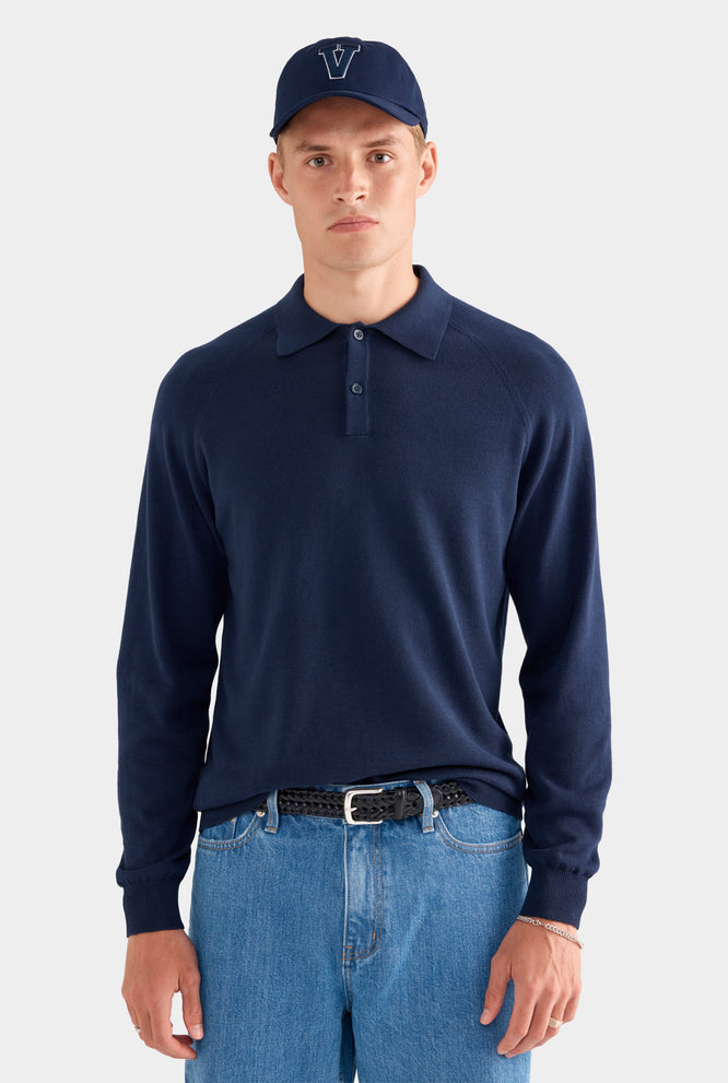 Long Sleeve Cotton Raglan Knit Polo - Dark Grey Marl