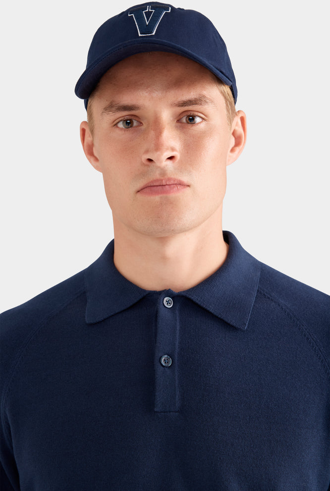 Long Sleeve Cotton Raglan Knit Polo - Navy
