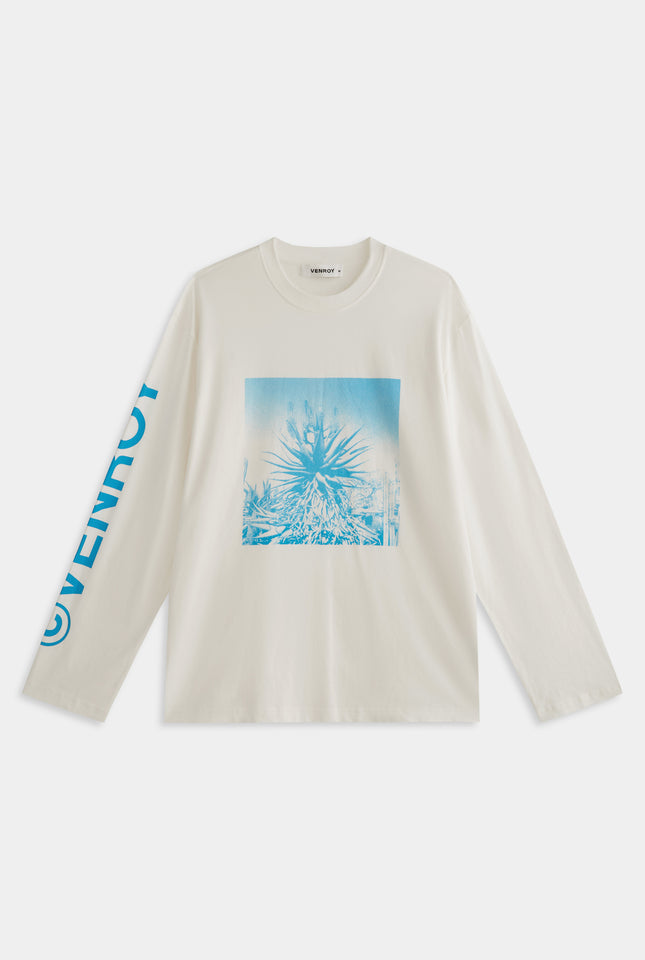 Long Sleeve Cotton T Shirt - Off White/Cactus Print Negative