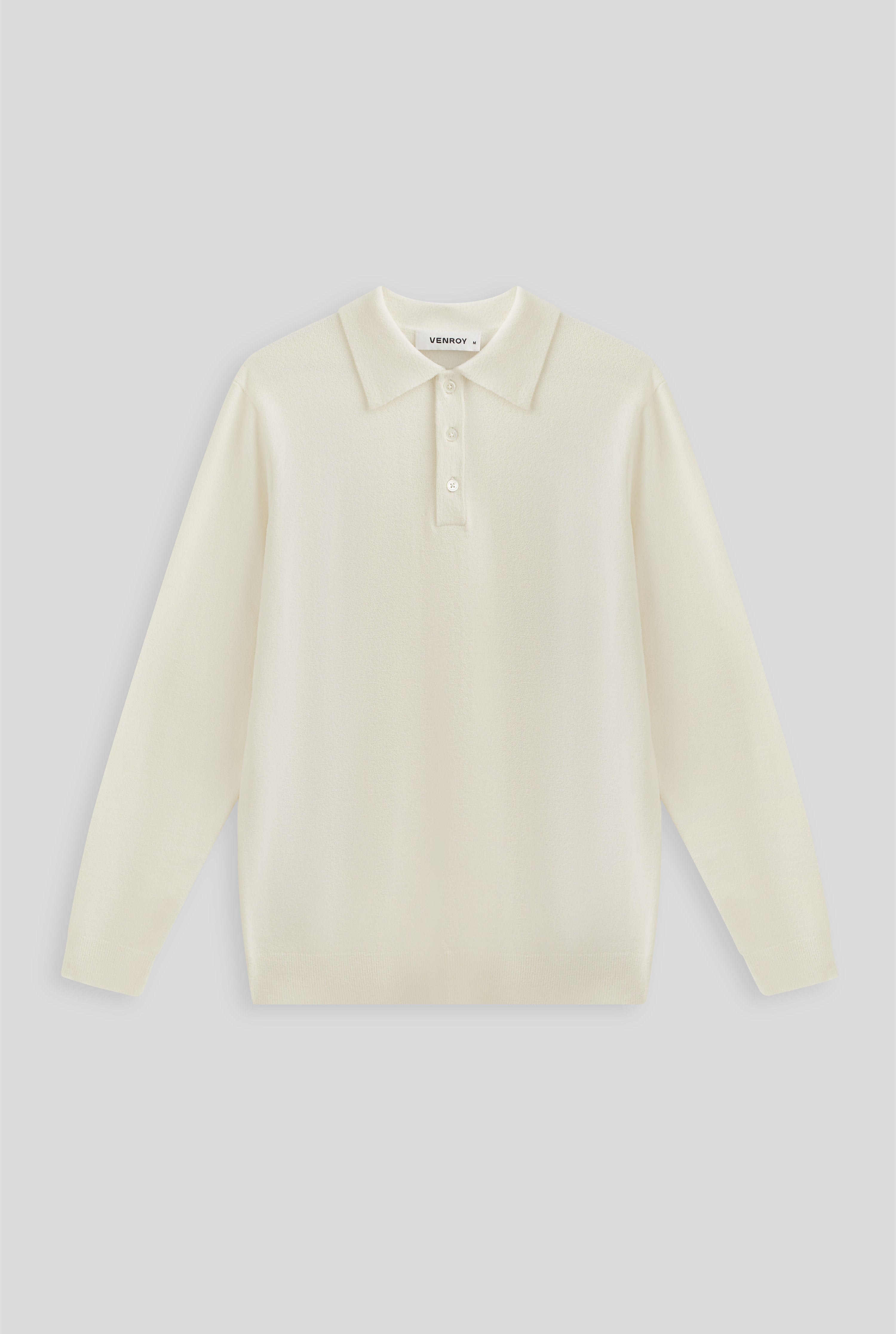 Long Sleeve Boucle Knit Polo - Antique White