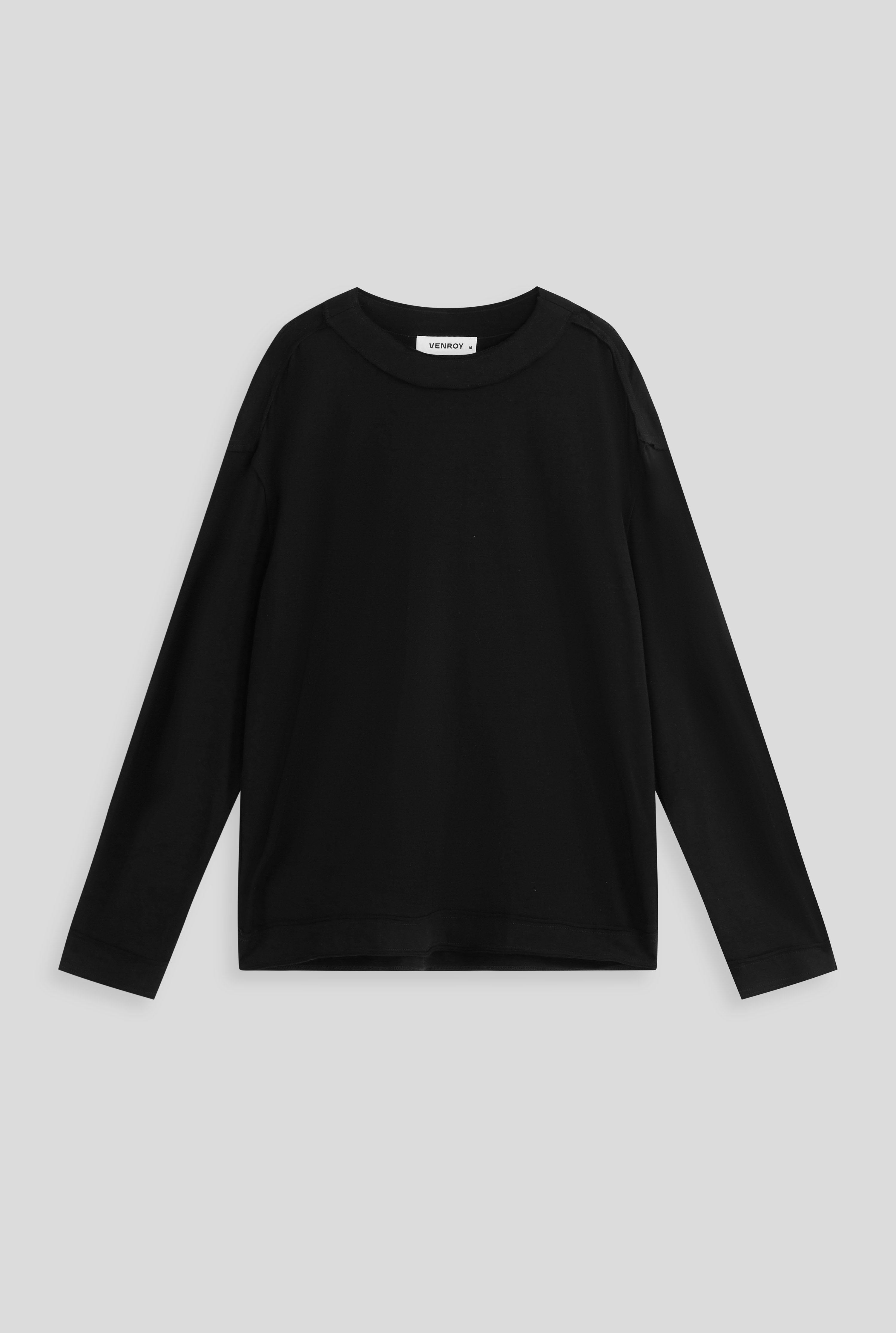 Long Sleeve Raw Edge Wool Jersey Top - Black
