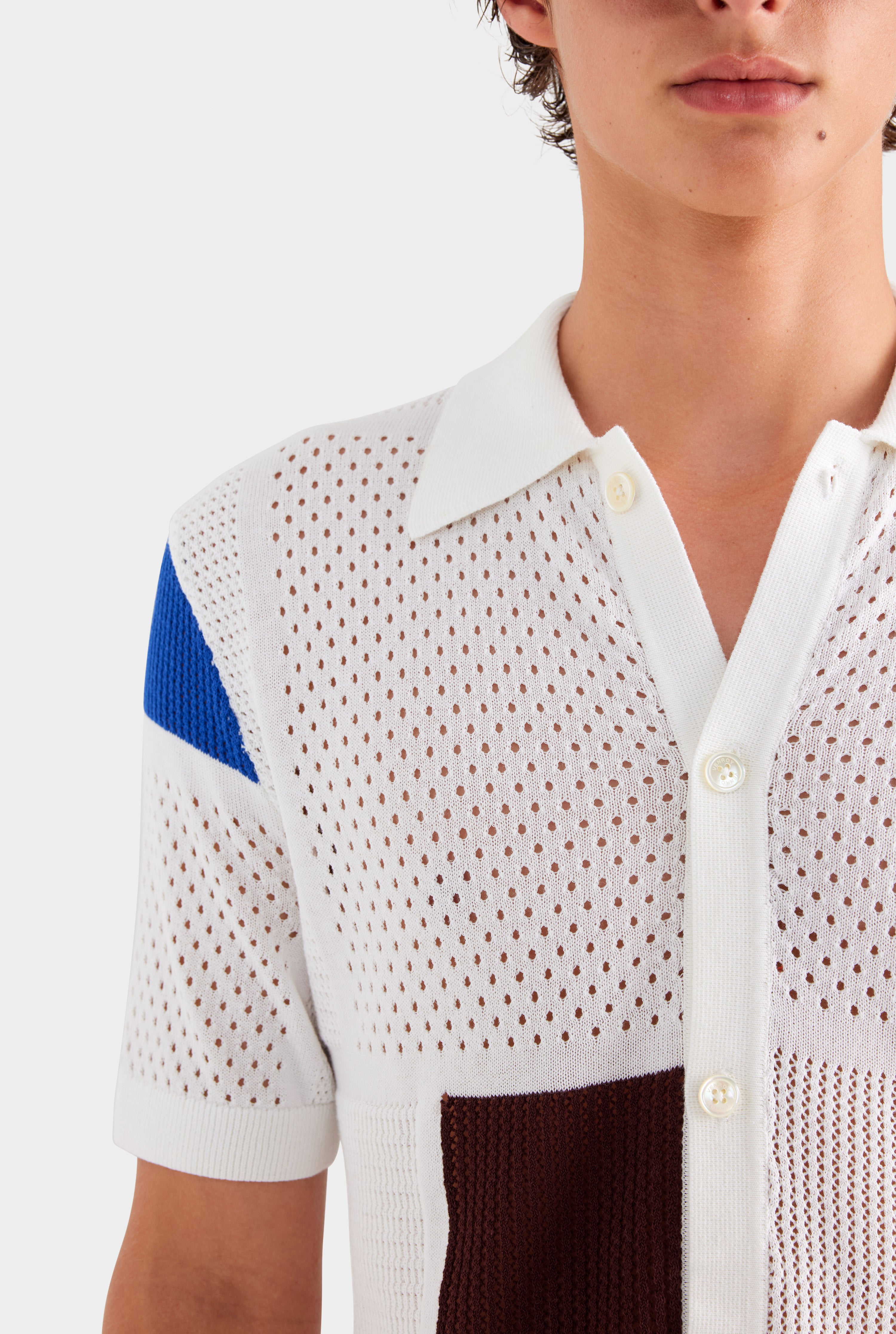 Multi Stitch Cotton Knit Shirt - Off White/Blue/Picante