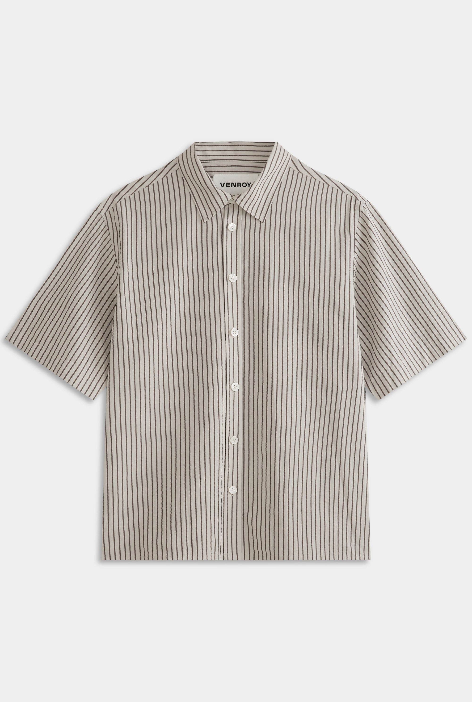 Oversized Cotton Seersucker Short Sleeve Shirt - Brown/Off White Stripe