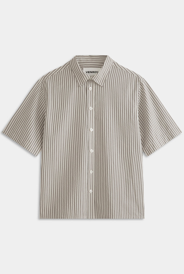 Oversized Cotton Seersucker Short Sleeve Shirt - Brown/Off White Stripe