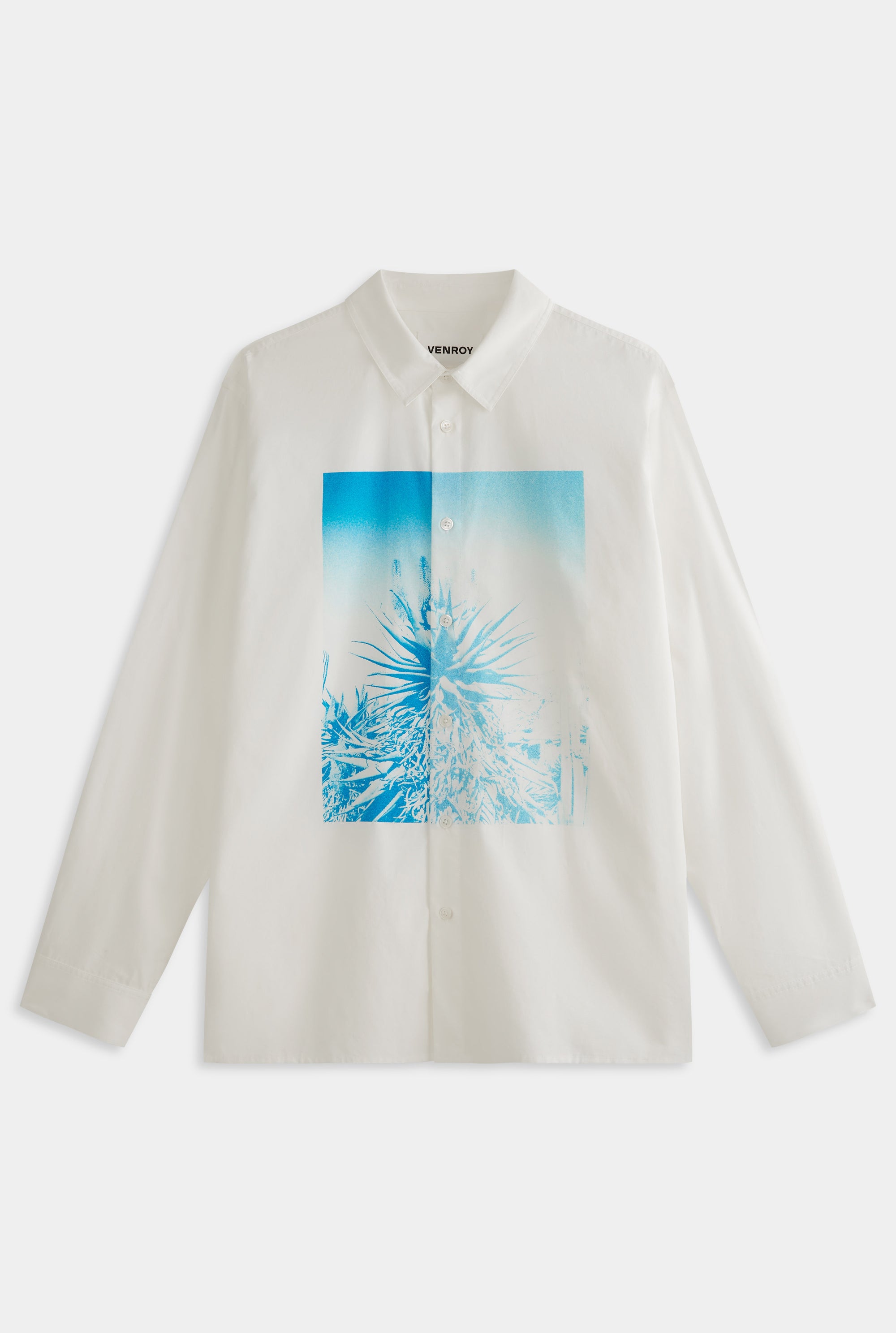 Printed Oversized Cotton Long Sleeve Shirt - White/Cactus Print Negative