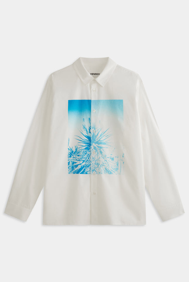 Printed Oversized Cotton Long Sleeve Shirt - White/Cactus Print Negative