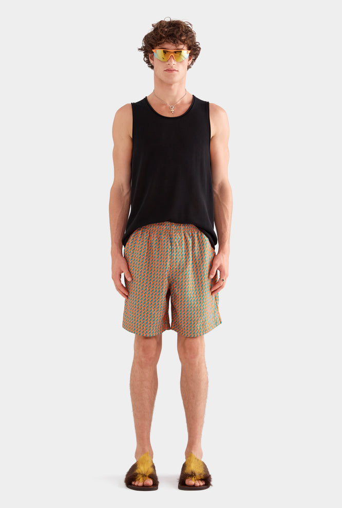 Printed Tencel Lounge Short - Bright Orange/Teal V Monogram