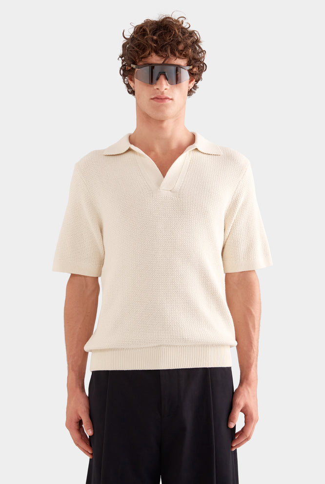 Relaxed Cotton Knit Open Neck Polo - Navy Blue