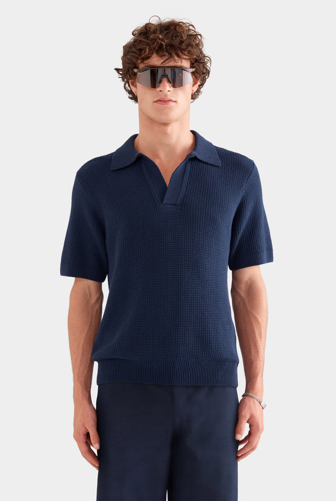 Relaxed Cotton Knit Open Neck Polo - Navy Blue