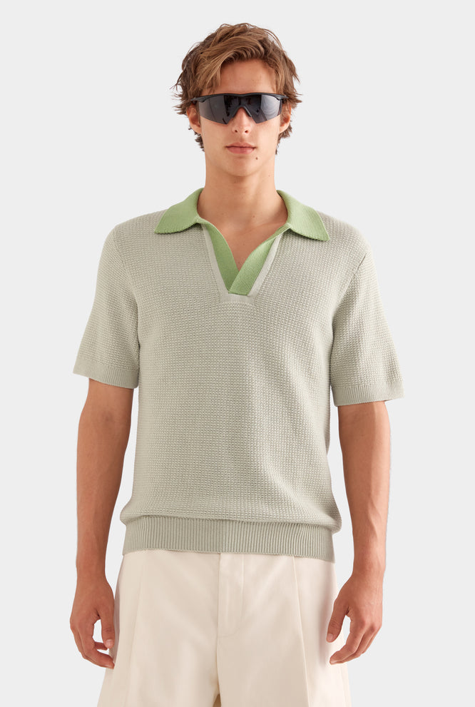 Relaxed Cotton Knit Open Neck Polo - Navy Blue