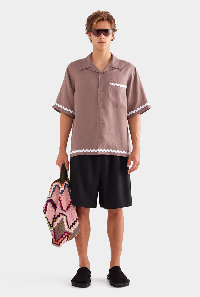 Relaxed Wave Linen Short Sleeve Shirt - Iron/White
