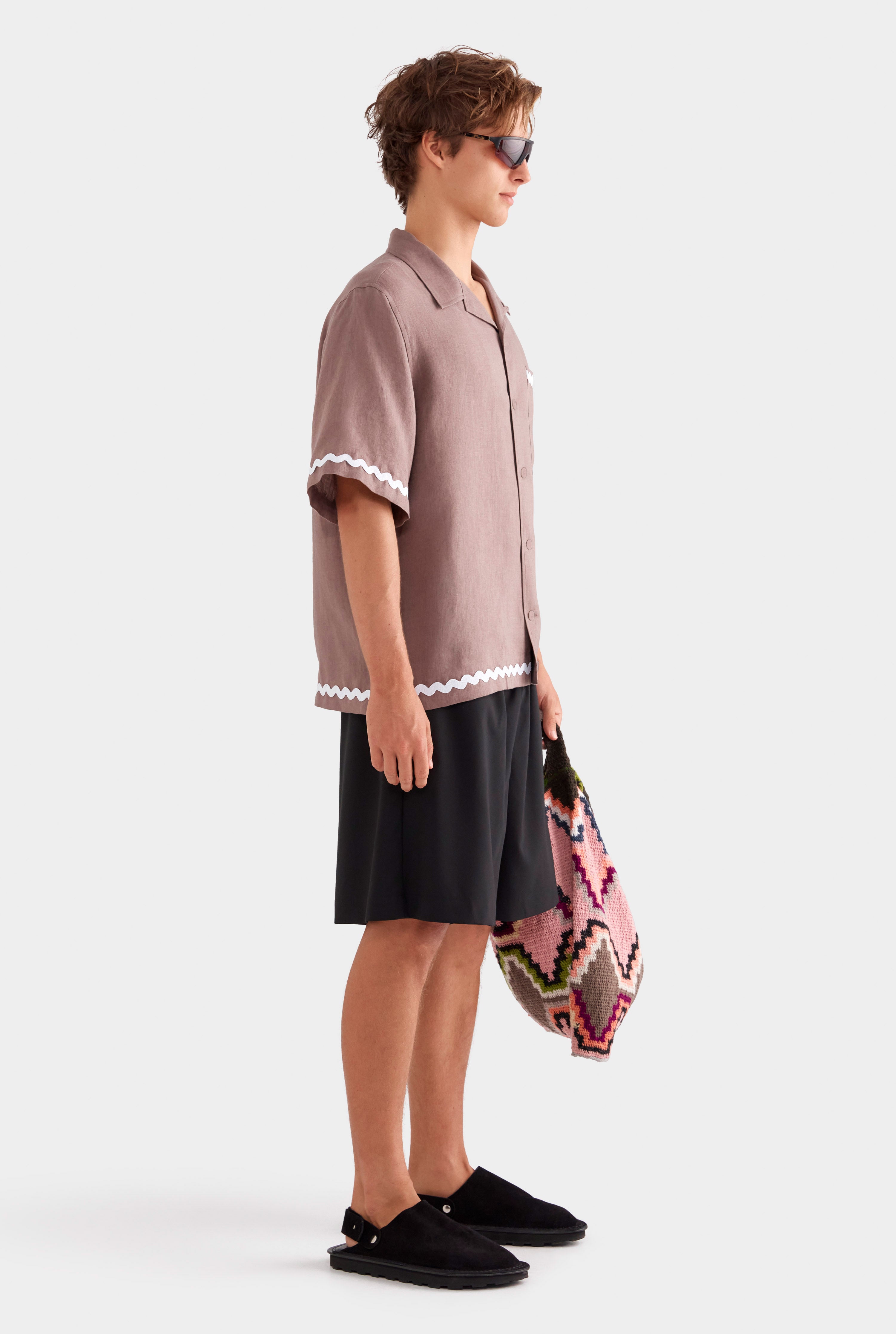 Relaxed Wave Linen Short Sleeve Shirt - Iron/White