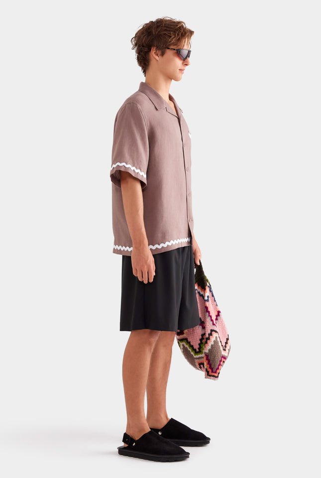Relaxed Wave Linen Short Sleeve Shirt - Iron/White