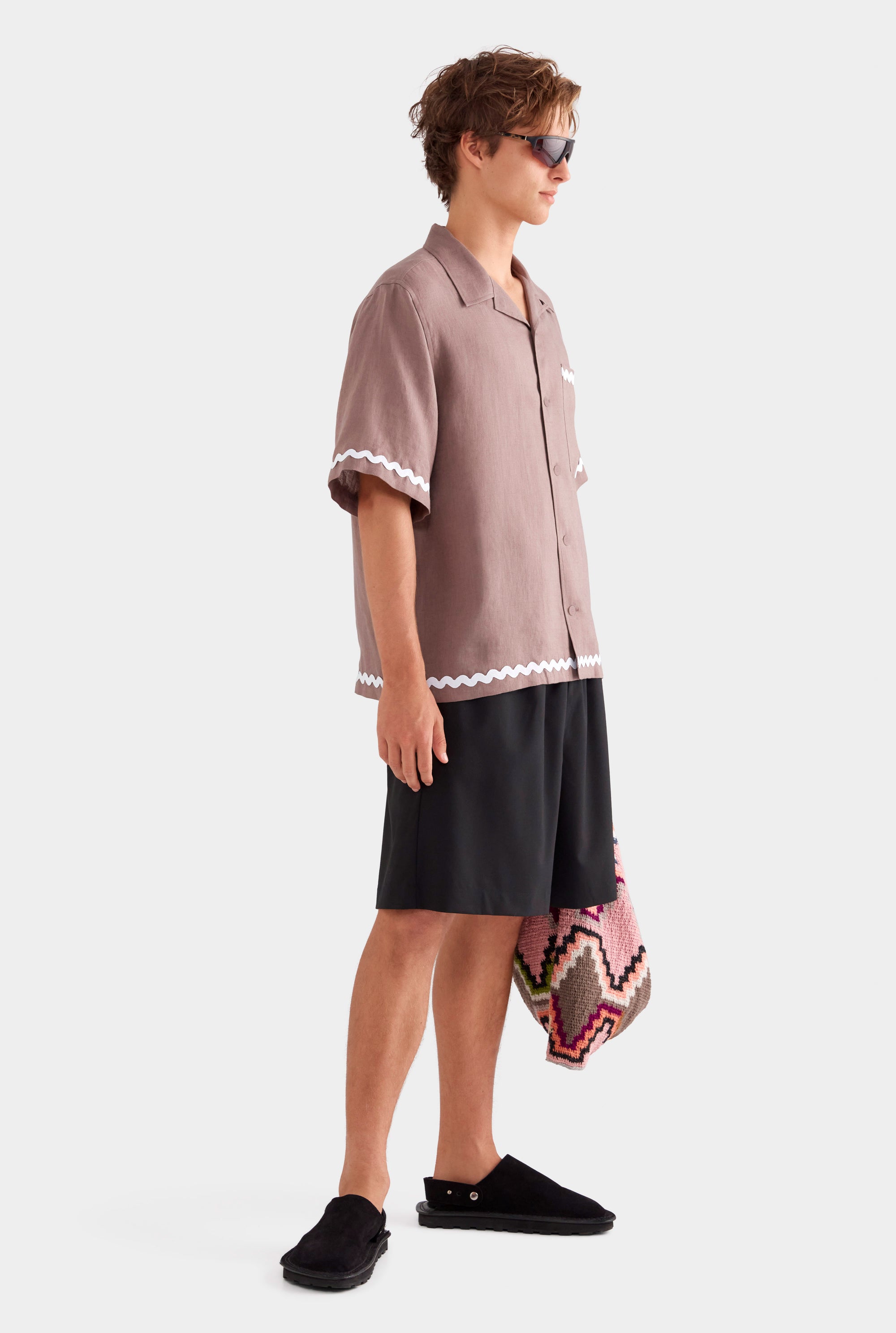 Relaxed Wave Linen Short Sleeve Shirt - Iron/White