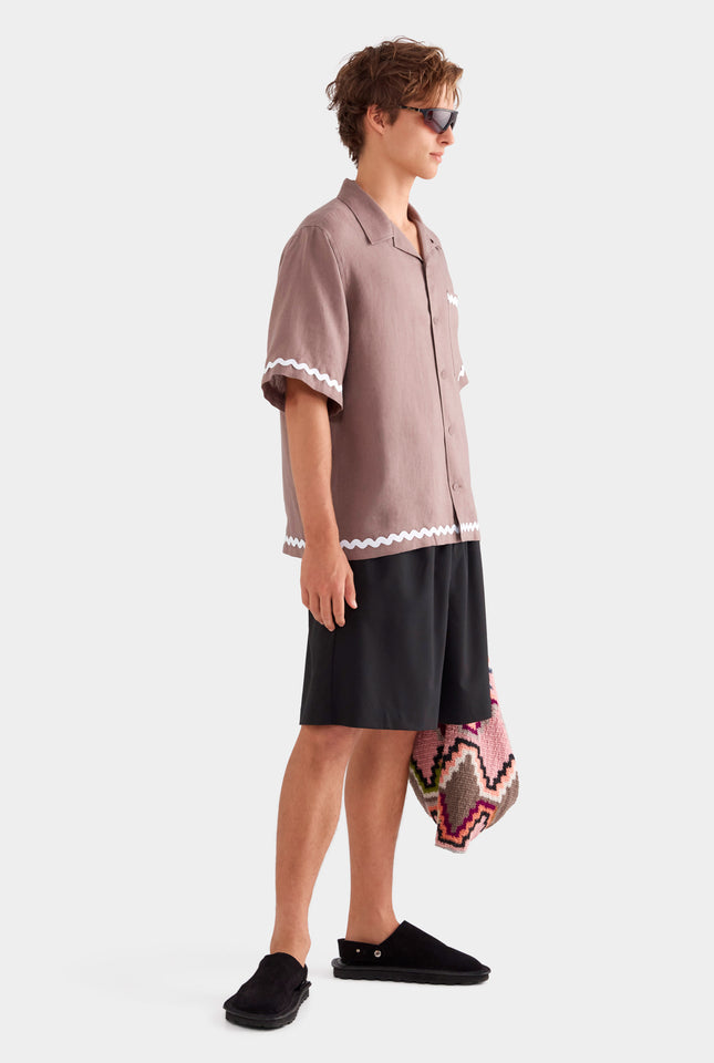 Relaxed Wave Linen Short Sleeve Shirt - Iron/White