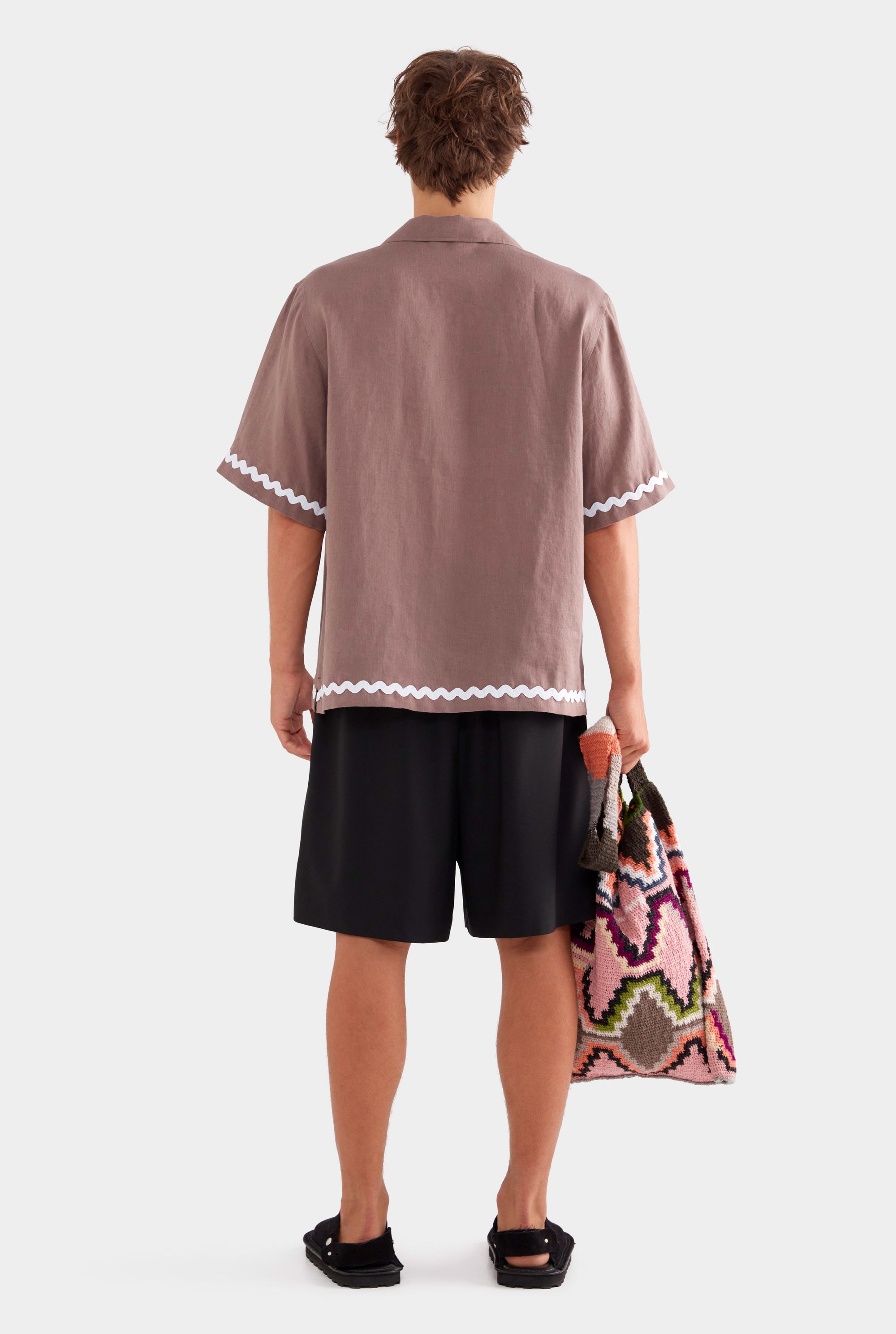 Relaxed Wave Linen Short Sleeve Shirt - Iron/White
