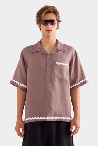 Relaxed Wave Linen Short Sleeve Shirt - Iron/White