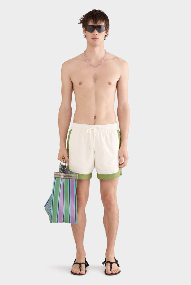 Contrast Border Swim Short - Cream/Kelp Green