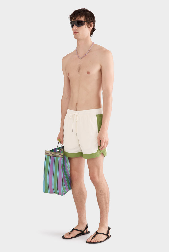 Contrast Border Swim Short - Cream/Kelp Green