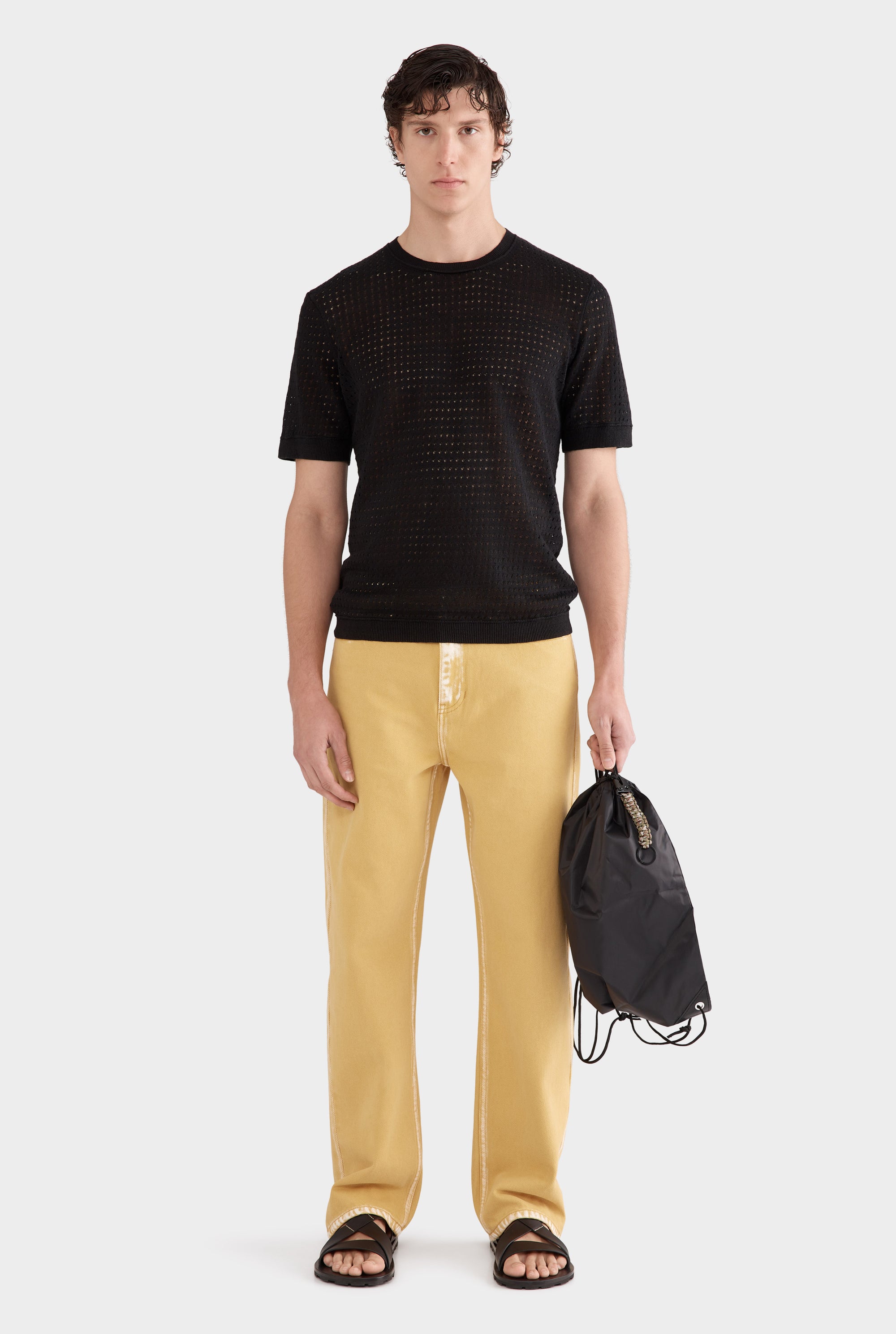 Linen Raw Edge Detail Knit T-Shirt - Black